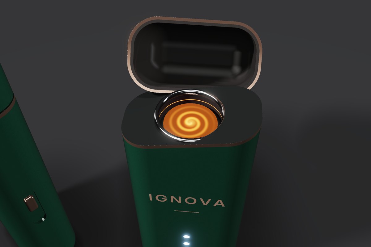 Close-up of the IGNOVA heater: a spiral ceramic core glowing orange inside a steel ring.